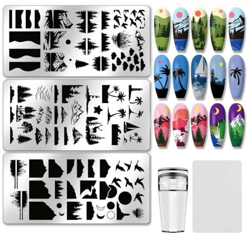 PH PandaHall 3pcs Natur Nagel Stempel Schablonen Forest Nails Art Stencils Mountain Nail Art Schablonen Night Sky Print Nails Stencils mit Stamper und Scraper für Frauen DIY Maniküre Salon 12x6cm