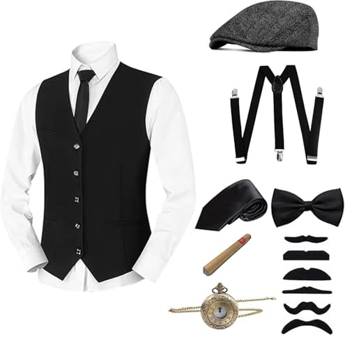 Mezeic 1920er Jahre Herrenkostüm, 20er Jahre Kostüm Herren Great Gatsby Gangster Weste Fliege Newsboy Hut Taschenuhr Hosenträger Mafia Kostüm Herren Outfit Zubehör Set