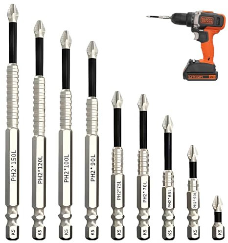 9PCS High-Magnetic Screwdriver Bit Set, Non-Slip Cross Head Magnetic Screwdriver Bits, Compatible with Phillips Drill Bits for Power Tools, Sizes 25-150mm