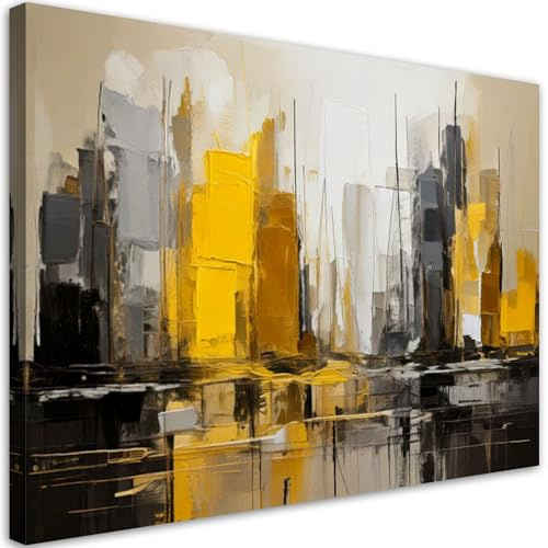 Feeby Leinwandbild - Bilder Wohnzimmer - Stadt Abstraktion gelb beige - 90x60 1tlg - Deko Schlafzimmer - Wanddekoration - Aesthetic - Groß Moderne Bild - Foto auf Leinwand