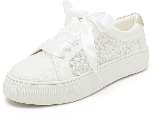 Elivandon 9993 bröllopsskor spets brudsneakers 3,7 cm plattform brud tennisskor glittrande strass bröllop sneakers