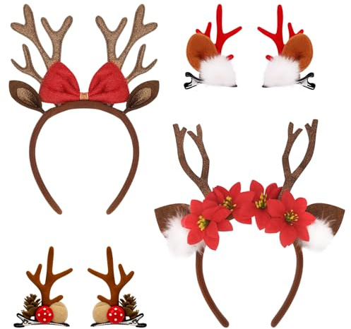 4 Stück Weihnachts Stirnbänder Haarreif Rentier Geweih Neuheit Haar-Accessoires Dekorationen Weihnachtsaccessoires für Kinder und Erwachsene Weihnachtskostüm, Karneval Fasching Kostüm