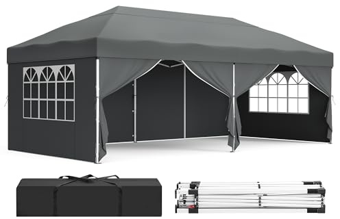 SONGMICS Pavillon, 3 x 6 m mit Seitenwänden, Faltpavillon, Gartenpavillon, Partyzelt, Sonnenschutz, Leichter Regenschutz, tragbar, für Hof, Garten, Markt, Party, dunkelgrau GCT204GZ01