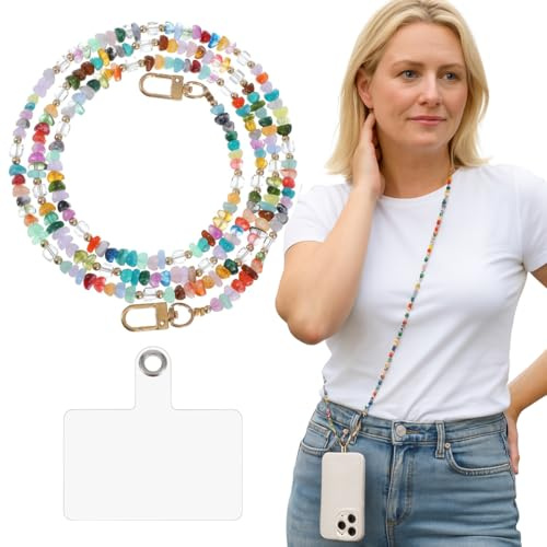 OIXEYA 1 Handykette Perlen Universal, Handy Umhängeband, Handy-Schnur mit 1 Patch, Anti-Verlust Draht Naturstein-Anhänger, Kompatibel mit Smartphones für Frauen und Mädchen
