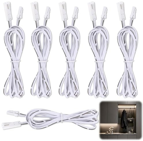 2m 2-Pin Male to Female Extension Cable for LED Under Cabinet Lights, White Low Voltage Lighting Lead for Puck Lights and Light Bars, Flexible Connector Wire, 6 Pack