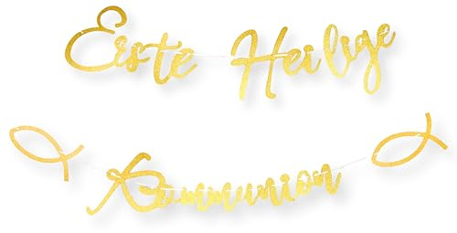 LowCarbonLife Erstkommunion Girlande „Erste heilige Kommunion mit Fisch-Motiven – Glitzer Hängedeko Banner Gold 1,7 m – Kommunionsdeko Erstkommunion Deko für Jungen & Mädchen (Gold B)