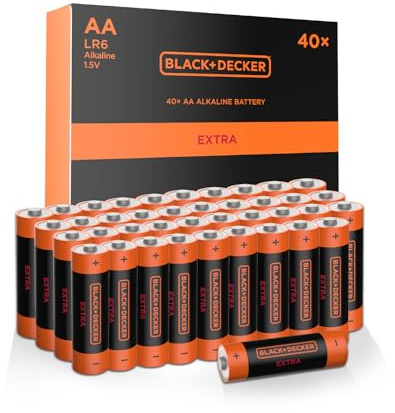 Black+Decker Extra Alkaline AA Batterien, 40 Stück Box, 1,5 V LR6, langlebige Leistung für Geräte mit hohem Stromverbrauch, Spielzeug, Kameras und Haushaltselektronik
