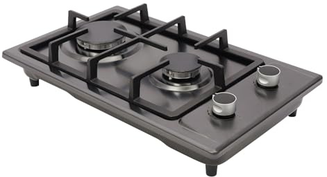 Gaskochfeld 2 flammig Kochfeld Edelstahl, Gaskocher 2 Flammig mit Gas Pipe und Pressure Reducing Valve, 3KW+1.75KW Gaskochfeld für Küche, Büro oder Camping, 51×31×10cm (Schwarz)
