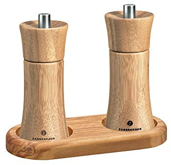 Zassenhaus Set Salzmühle & Pfeffermühle Frankfurt Bambus 14 cm & Untersetzer Olivenholz