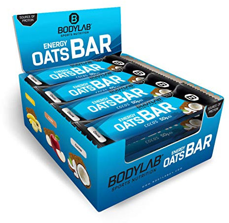 Bodylab24 Energy Oats Bar Banane 12x50g Vorratsbox, Haferflockenriegel für den Energie Kick vor dem Training oder für zwischendruch, Energie-Riegel mit mehr als 30g Kohlenhydraten und Vitamin B1