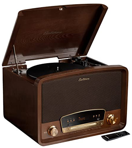 Electrohome Kingston 7-in-1 Vintage Vinyl Record Player Stereo System with 3-Speed Turntable, Bluetooth, AM/FM Radio, CD, Aux in, RCA/Headphone Out, Vinyl/CD to MP3 Recording & USB Playback (RR75)