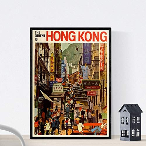 Nacnic Vintage Poster. Weinleseplakat von Asien. Straße von Hongkong. A3 Größe mit Rahmen