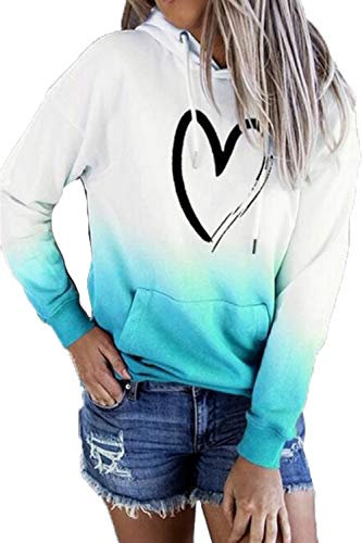 HVEPUO Teenager Mädchen Pullover Mit Herz Hoodie Farbverlauf University Hoody Damen Mit Kapuze Herbst Kapuzenpullov Hoodi Batik Hoddies/Pullies Damen Oberteil Blau L