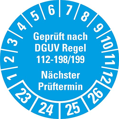 Aufkleber I Prüfplakette Geprüft nach DGUV 112-198/199 23-26, hellblau, Ø 30mm, 18/Bogen, DGUV