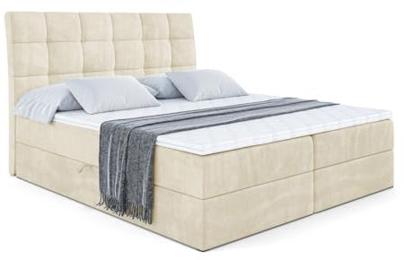 ALTDECOR Boxspringbett mit H3-Matratze (19 cm hoch) mit Bonellfederung + PUR, Topper (4 cm hoch), Polsterbett mit Kopfteil und Bettkasten - APO - 180x200 - Beige Monolith