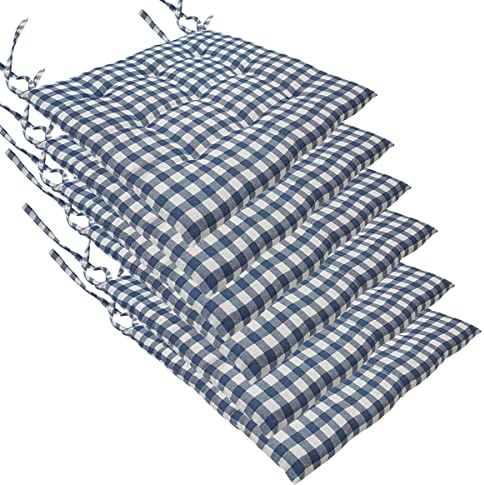 NYVI Stuhlkissen 40x40 cm ComfySeat Blau Weiß kariert 6er Set - Sitzkissen mit Bändern/Schleife, 9-fache Steppung - Indoor & Outdoor - Gartenstuhlkissen aus Baumwoll-Mischgewebe - ÖkoTex 100