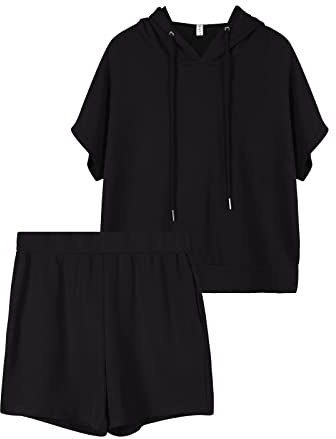 REORIA Damen Trainingsanzüge Kurzarm-Hoodie und fließende Shorts Jogginganzug Zweiteiler Overall Sommer Outfits Schwarz XL