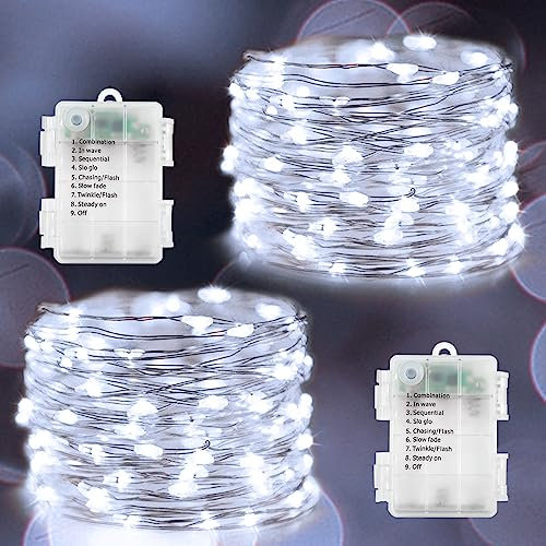 echosari 2 Pack Fairy Lights Battery Operated 100 LED 10M Silver Wire String Lights Auto Timer 8 Modes Waterproof Mini String Lights for Indoor, Garden, Yard, Fence, Wedding Decor (Cool White)