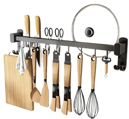 Lxoraziy 40cm Küchenhalterung mit 6 Abnehmbaren Haken, Aluminium Messerhalter und Topfdeckel Halter - Küchenhelfer Leiste - Schwarz