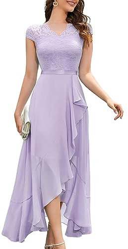 Bbonlinedress Abendkleider elegant für Hochzeit V-Ausschnitt Spitze Chiffon Vokuhila Abschlusskleider lang Brautkleid Lavender XS