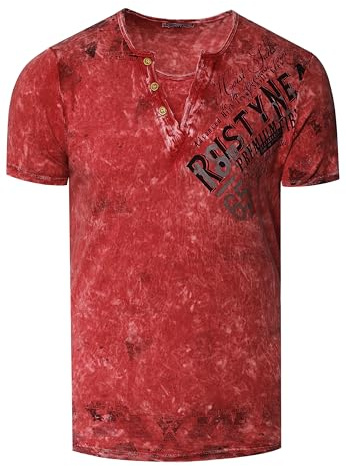 T-Shirt Herren Verwaschen Used Look Seitlicher Logo Print Rundhals mit Knopfleiste V-Neck Optik 240