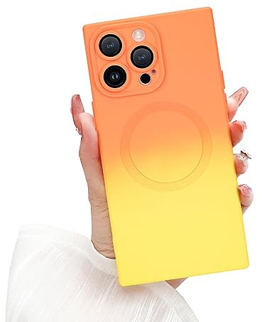 Magnetic Case for iPhone 14 Pro Max Compatible with MagSafe, Square Shaped Phone Case Soft Silicone Gradient Color Shockproof Camera Lens Protection Bumper Cover for iPhone 14 Pro Max -Orange/Yellow