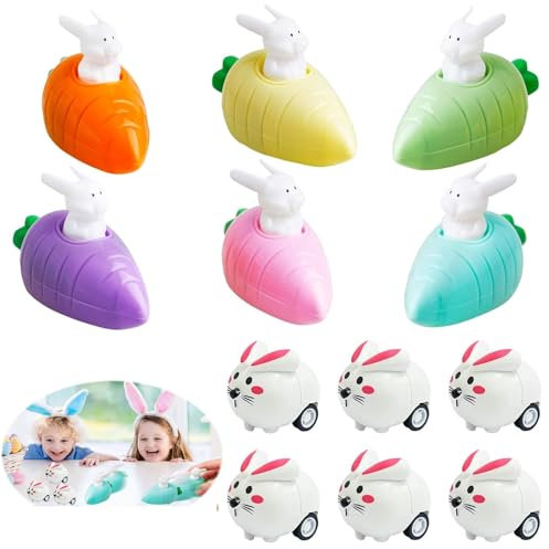Seasboes Aufziehspielzeug Ostern 12 Stück Aufziehbare Hasen mit Karotte Zurückziehbares Auto Spielzeug Ostereier Mitbringsel für Gastgeschenke Kinder Jungen Mädchen Party Eierkorb Geschenk Mitgebsel