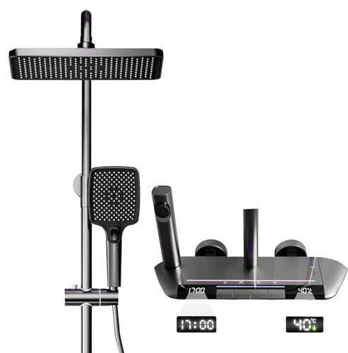Colonne De Douche Avec Mitigeur Thermostatique Système De Douche Affichage Numérique LED Ensemble De Douche Avec Pommeau De Douche, Douchette, Bidet Douche, Robinet De Baignoire, Réglable (Gris)