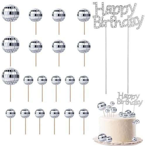 20pcs Disco Ball Cupcake Toppers with Alloy Happy Birthday Sign, Multiple Sizes Disco Ball Cake Picks Disco Theme Cake Toppers for 70s Disco Party Favor, with Sticks