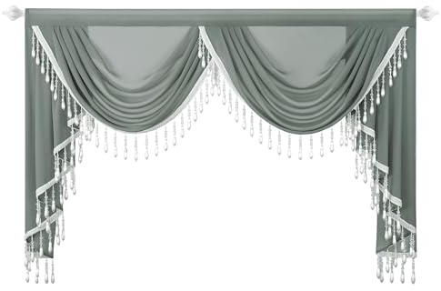 VOGOL Luxus-Vorhangvolant im Vintage-Stil, Retro-Lichtfilterung, dekorativer Volant für Hotel, Café, 1 Panel-Stangentasche, Wasserfall-Vorhang für Wohnzimmer, 150 cm breit, Grau