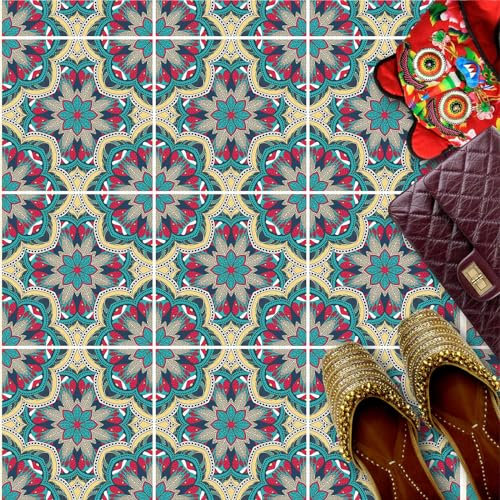 HUBDECO - Fliesenaufkleber - Küche, Badezimmer Deko - Klebefliesen - Bodenfliesen - Klebefolie Küche - Boden Schutzmatte - Selbstklebende Fliesen - 9 Stk. - Boho Mosaik - 20x20cm