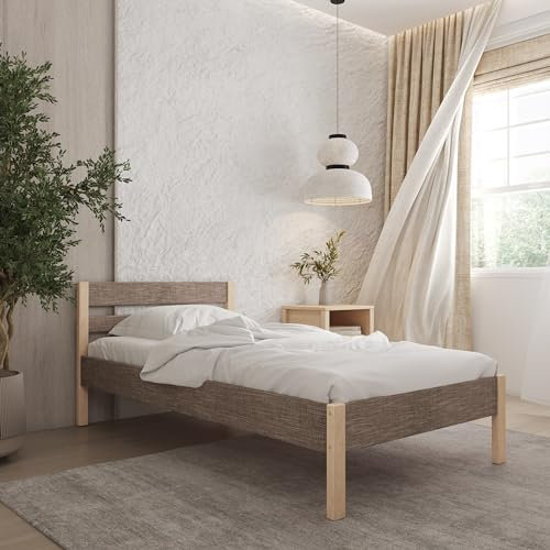 Hansales Holzbett 90x200 cm Kaja Scandi Style ohne Rollrost - mit Stoffbezug - Farbe Braun - aus behandeltem FSC® Birkenmassivholz - Farbe braun - 350 kg - Einzelbettgestell mit Kopfteil