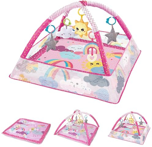 Sinbide Spieldecke für Babys, Spielmatte mit Spielbogen, Spielmatte und sensorische Spielzeuge für Babys, Krabbelmatte mit Laufgitterfunktion, ab der Geburt (Rosa)