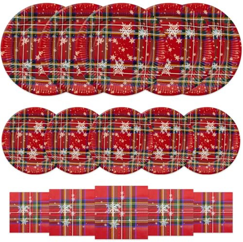 HNH Set di Piatti e Tovaglioli di carta per Natale | Rosso scozzese | Piatti da dessert 18cm, Piatti di carta 23cm con 33cm Tovaglioli di carta per feste Set di stoviglie usa e getta 16 persone