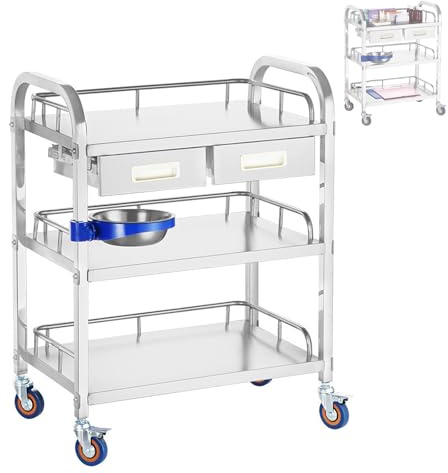 Chariot Médical Roulant, Chariot Utilitaire avec Acier Inoxydable À 3 Couches Chariot De Service avec Roues Verrouillables Et Un Seau, pour Labo Salon Hôpital, Usage Dentaire(85 * 45 * 86cm)