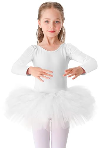 Bezioner Kinder Ballettkleidung Tütü Ballettkleid Mädchen Baumwolle Balletttrikot Lange Ärmel Ballettanzug Tanzbody mit Rock Weiß 140