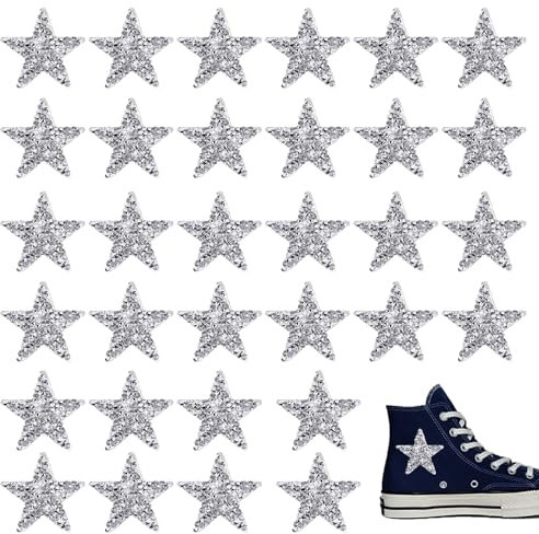32 PCS Iron on Stars Patches Rhinestone Star Patches Silver Star Stickers Appliques Glitter Star Patches Sequin Vintage Patch for Clothing Jeans Shoes Bags Hats Repair Decoration DIY Accessory
