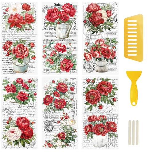 WANDIC 6 Blatt rote Blume zum Aufreiben, Transfer-Aufkleber, Vintage-Retro-Muster, Transfer-Aufkleber für DIY-Fotoalben, Möbel, 15 x 30 cm