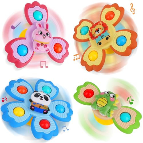 Seyaom 4er Set Saugnapf Fidget Spinner Spielzeug Kinder ab 3 Jahren, Sensorik Spielzeug mit 4 Tierdesigns (Panda, Löwe, Frosch, Hase), Badespielzeug & Reisetoys für Auto Flugzeug