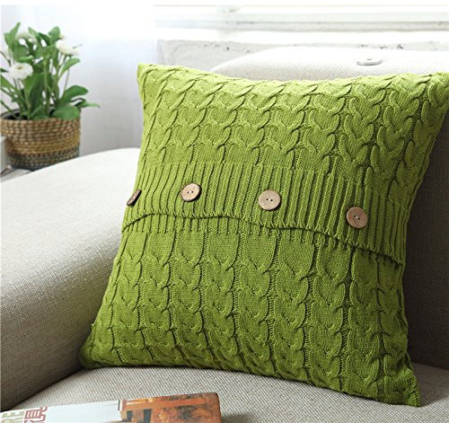 Nvzi Cotton Cable Knit Pillow Cover Soft Warm Throw Pillow Case Cushion Cover Decorative Pillow Cover with Buttons (Green, 18x18 inches)