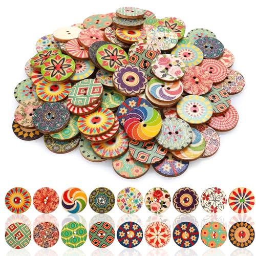 QZKJQDD 200 Stück Holzknöpfe, 15 mm, Multicolored, Retro, Vintage, DIY, Basteln, Nähen, Scrapbooking, Holzblumenknöpfe, Knebelknöpfe