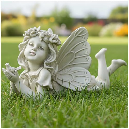Fairy Garden Statue Holding Bird, Reclining Fairy Figurine, 13.5 cm | Detailed resin garden fairy decor with bird and sculpted wings for patios, flower beds and gifts for fairy lovers