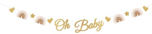 RYMAUP Babyparty-Deko Oh Baby, Girlande, Glitzer, Gold, Boho-Regenbogen Motiv Babyparty Banner Hängende Dekoration für Babyparty, Gender-Reveal-Party, Geburtstag