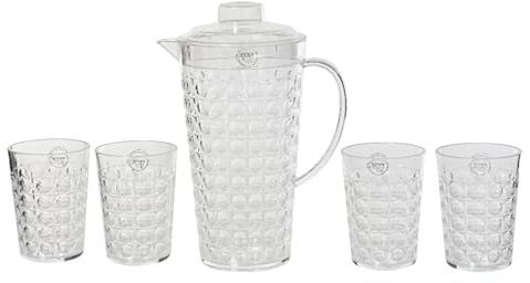 Decoris Lot de 5 verres avec théière en plastique - Vaisselle et pichet - Set de verres avec carafe - Gobelets à eau, à jus de fruits, à limonade - Transparent