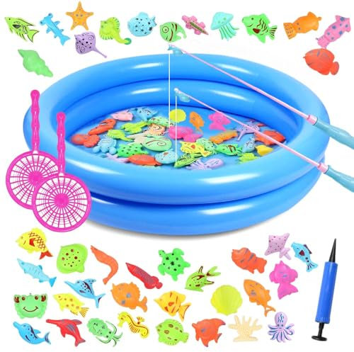 Angelspiel Magnet, 50 Stück Angeln Spielzeug, Fische Angeln Spiel 2 Jahre mit Pool Rute & Netz, Badewannenspielzeug Wasserspielzeug Kinder, Angelspiel Badewanne für Kleinkinder Kindern