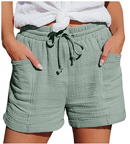 Ladies Linen Shorts Knee Length Solid Drawstring Summer Shorts with Pockets Ladies Elastic Waist Tracksuit Bottoms Loose Casual Pants Delivery Green