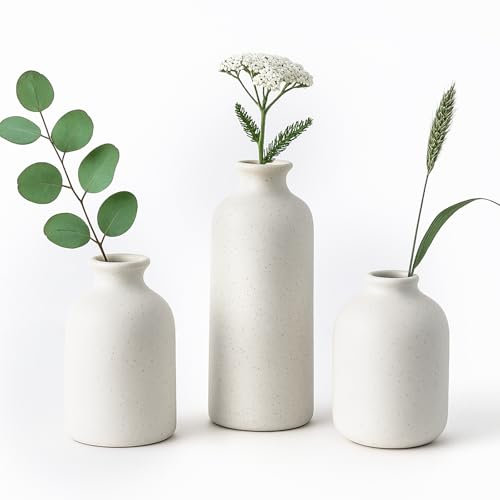 Toemics Set of 3 Small Ceramic Vases for Flowers Decor Table Vase for Living Room, Dried Flowers, Pampas Grass, Home Styling Rustic Matte Finish White