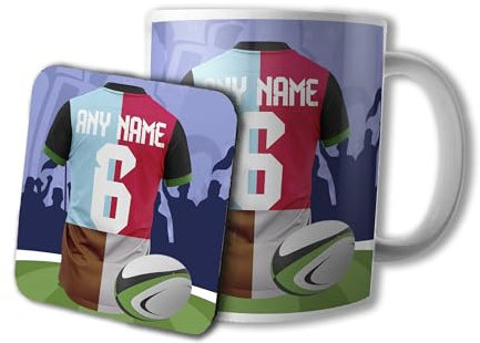 AK Giftshop Personalised Rugby Mug and Coaster Gift Set, 320ml Ceramic Cup, Sports Jersey Design with Name & Number On Shirt (HARLEQUINS)