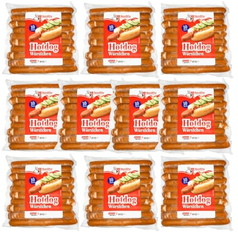 Nordthy Hotdog Würstchen 100 Stück – 10x 413g im Vorratspack – Dänische Original-Würstchen – für Hotdogs & Grill – Bockwurst Art –