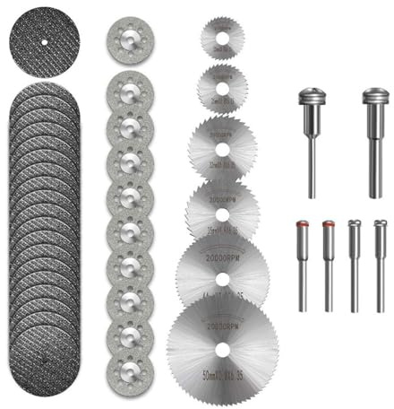 Kit de disques de coupe pour outils rotatifs, 32 pièces, disques diamantés et lames HSS, pour couper bois, métal, plastique, pierre, verre, mandrin 3mm, différentes tailles incluses